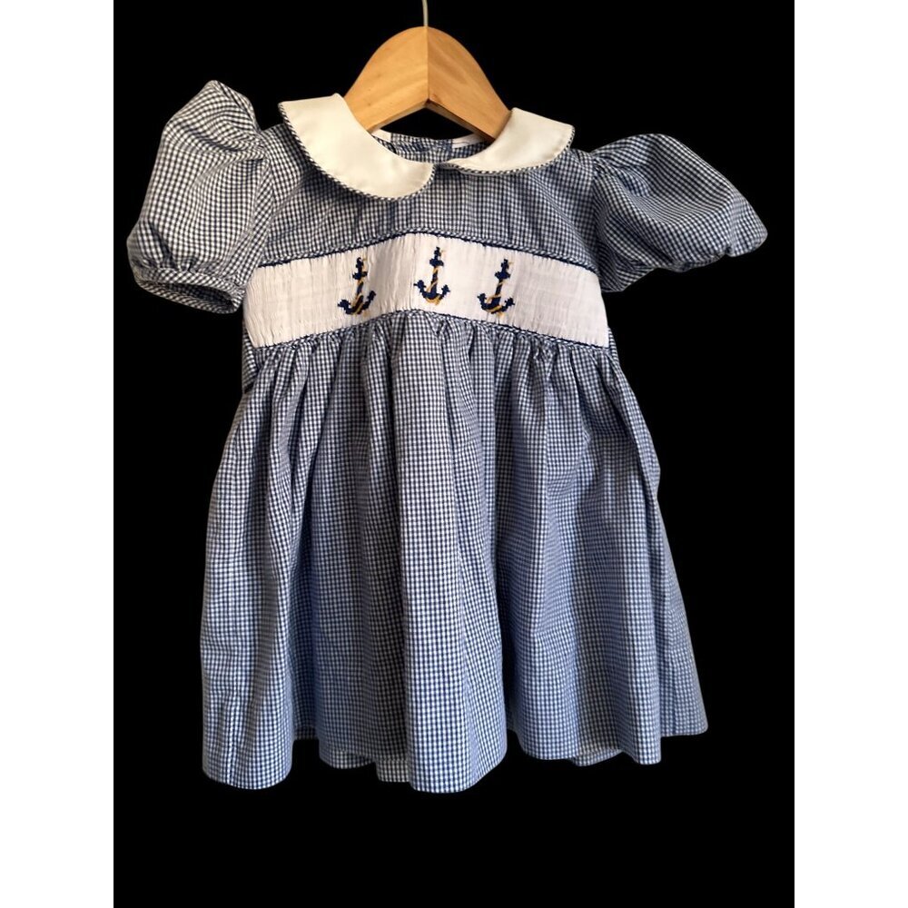 Vintage Smocked Toddler Dress With Anchor Embroidery & Peter Pan Collar